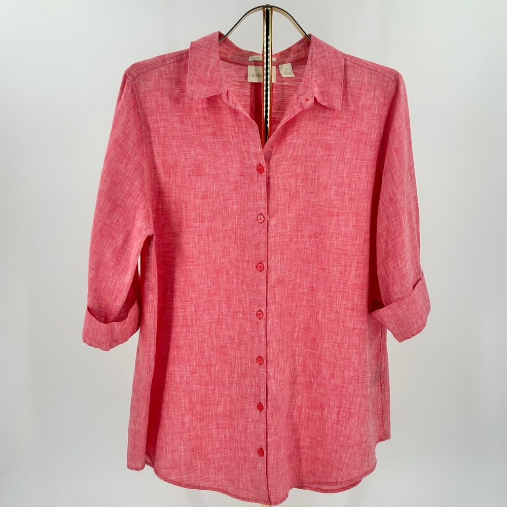 Chicos No Iron 100% Linen Button Down Shirt Pink Coral 3/4 Sleeve Size 2 L